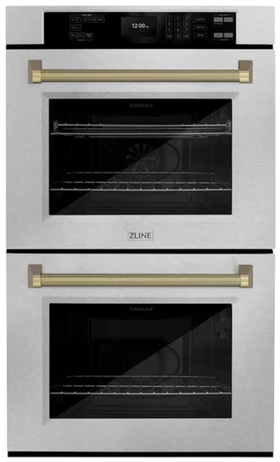 ZLINE Autograph Edition 30 in. Professional True Convection Double Wall Oven with Air Fry and Self Clean in Satin Stainless Steel with Polished Gold Helix Handles (WADSZ-30-KG)