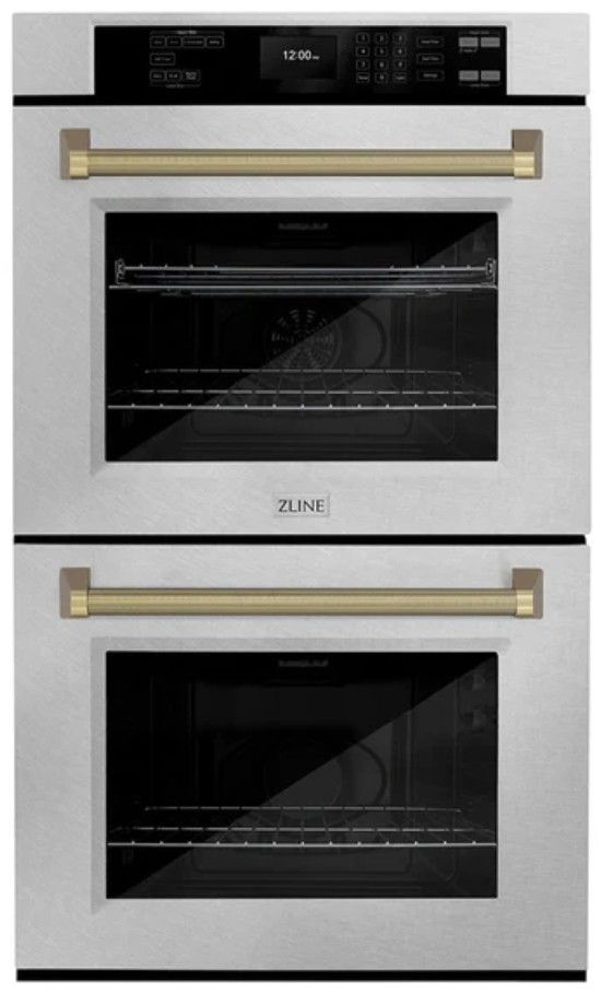 ZLINE Autograph Edition 30" Satin Stainless Steel Electric Double Wall Oven with Polished Gold Handles-0
