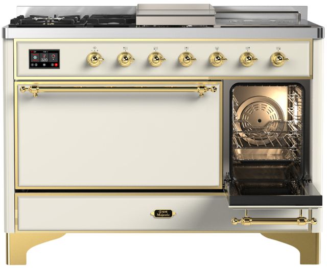 Ilve® Majestic III 48" Antique White Pro Style Dual Fuel Liquid Propane Range with 5 Black Brass Burners and Brass Trim-3