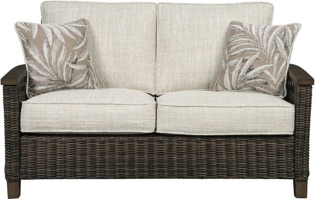 Signature Design by Ashley® Paradise Trail Medium Brown Aluminum/Resin Wicker Outdoor Loveseat with Cushion-1