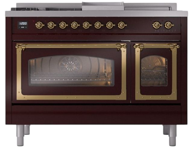 Ilve® Nostalgie II Noblesse 48'' Burgundy Pro Style Dual Fuel Range with Brass Trim-1