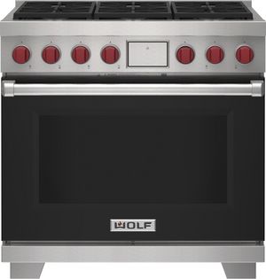 front view of the Wolf® 36" Black Freestanding Dual Fuel Range