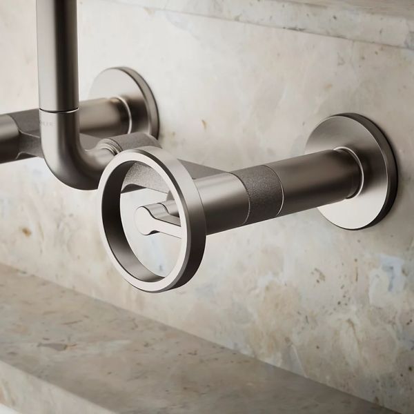 KOHLER® Billet® Vibrant Stainless 12" 2-Hole Wall-Mount Bridge Kitchen Sink Faucet with Round Handles-3