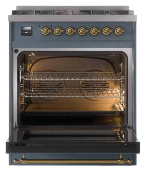 Ilve® Nostalgie II Noblesse 30" Blue Gray Pro Style Dual Fuel Range with Brass Trim-2
