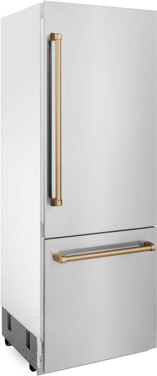 ZLINE Autograph Edition 30" 16.1 Cu. Ft. Stainless Steel Bottom Freezer Refrigerator with Water Dispenser and Ice Maker in Champagne Bronze Accents-3