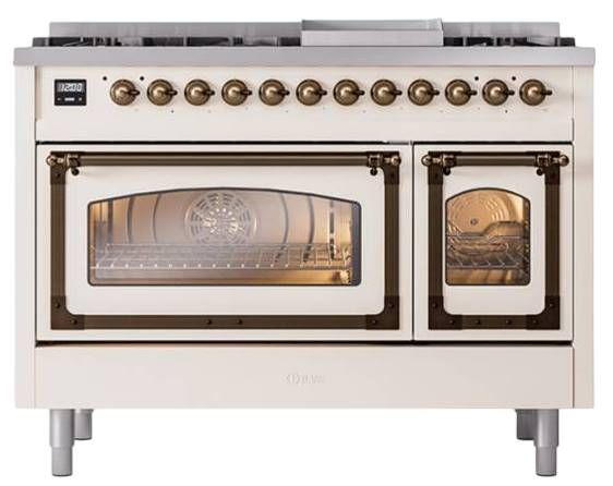 Ilve® Nostalgie II Noblesse 48'' Antique White Pro Style Dual Fuel Range with Burnished Trim-1