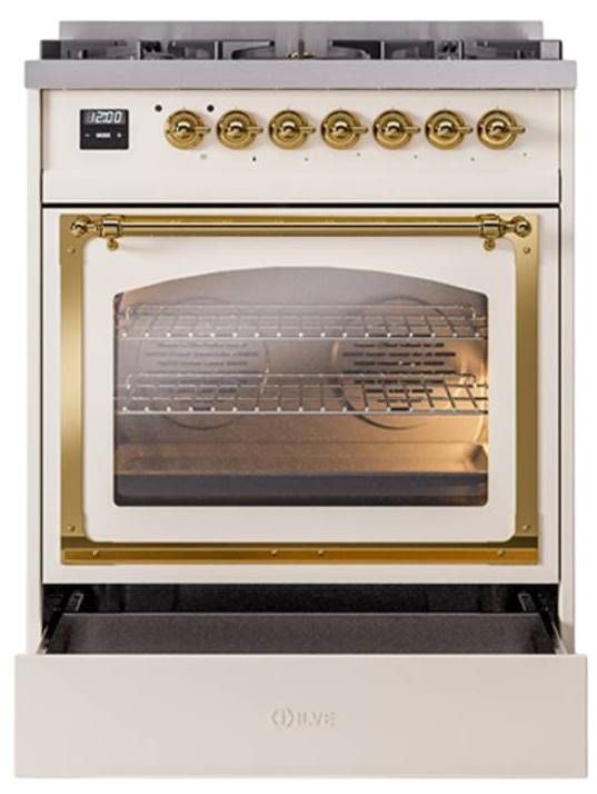 Ilve® Nostalgie II Noblesse 30" Antique White Pro Style Dual Fuel Range with Brass Trim-3