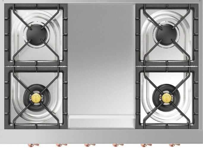 Ilve Nostalgie II 36” Stainless Steel Liquid Propane Rangetop with 6 Burners, Griddle and Copper Trim