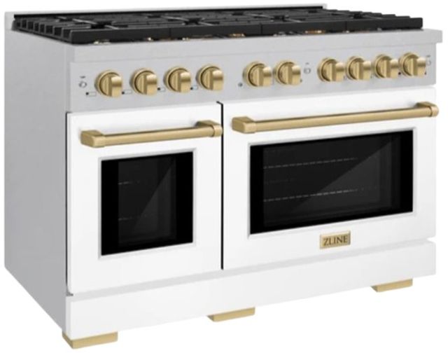 ZLINE Autograph Edition 48" Satin Stainless Steel Pro Style Gas Range with White Matte Door and Champagne Bronze Accents-3