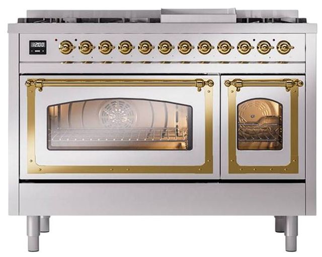 Ilve® Nostalgie II Noblesse 48'' Stainless Steel Pro Style Dual Fuel Range with Brass Trim-1