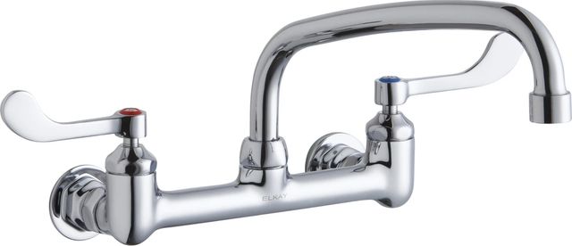 Elkay Chrome Foodservice 8" Centerset Wall Mount Faucet with 10" Arc Tube Spout and Wristblade Handles Offset Inlets-0