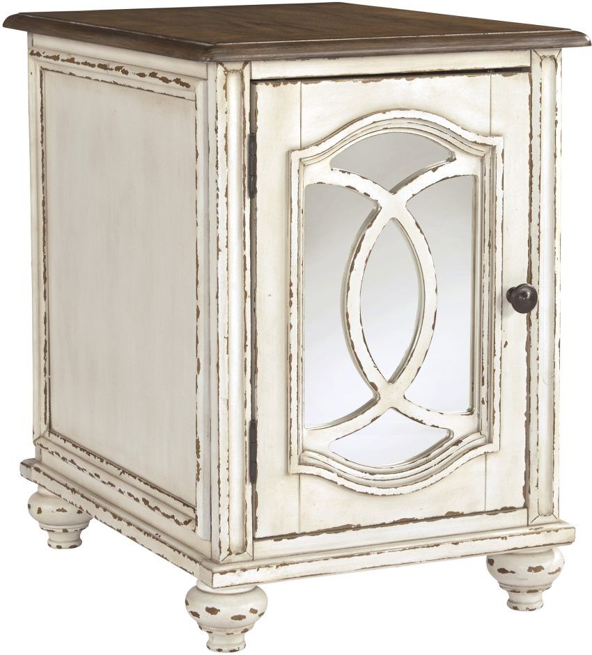 Signature Design by Ashley® Realyn Brown Cabinet Door Chairside End Table with White Base