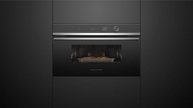 front view of a Fisher and Paykel black steam oven 