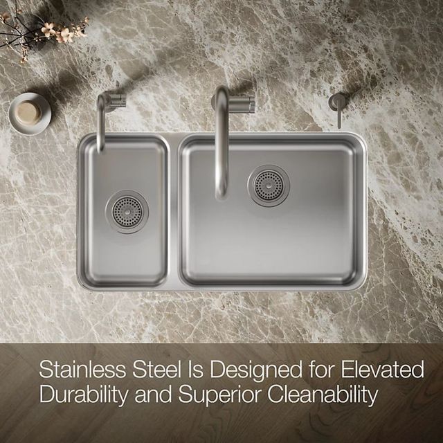 KOHLER® Undertone® Stainless Steel 32" Undermount Double Offset Bowl Kitchen Sink with Short Apron-3