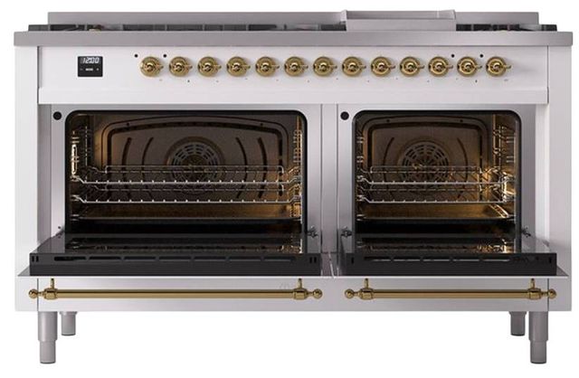 Ilve® Nostalgie II Noblesse 60'' White Pro Style Dual Fuel Range with Brass Trim-2