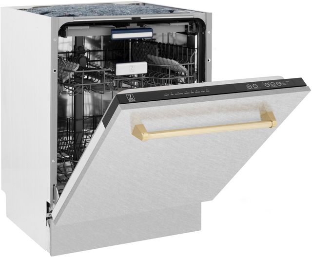 ZLINE Autograph Edition 24" Satin Stainless Steel Built In Dishwasher with Polished Gold Handle-3