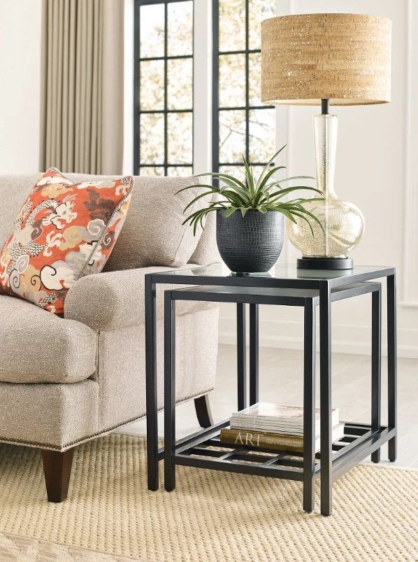 Hammary® Mackintosh 2-Piece Brown/Glass Top Nesting End Table Set with Black Base-1