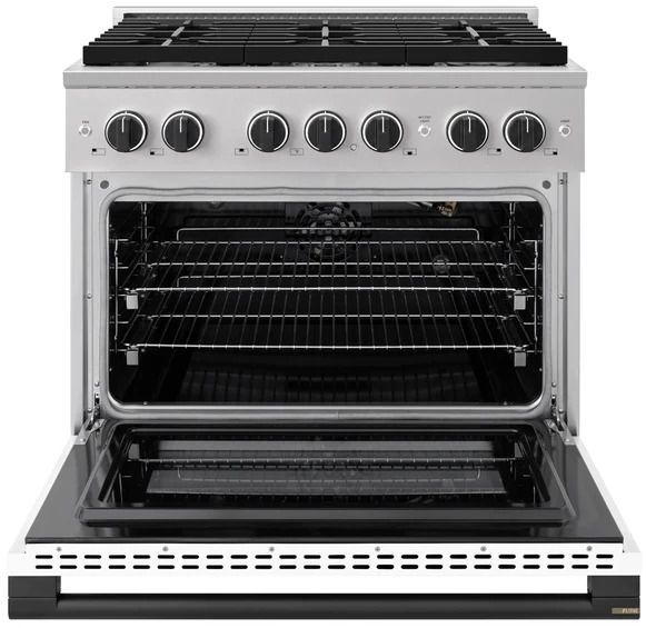 ZLINE Marino 36" Satin Stainless Steel Pro Style Gas Range with White Matte Door and Matte Black Accents-1