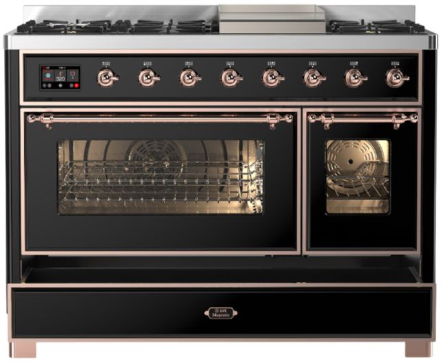 Ilve® Majestic III 48" Glossy Black Pro Style Dual Fuel Natural Gas Range with Triple Glass Door and Copper Trim-1