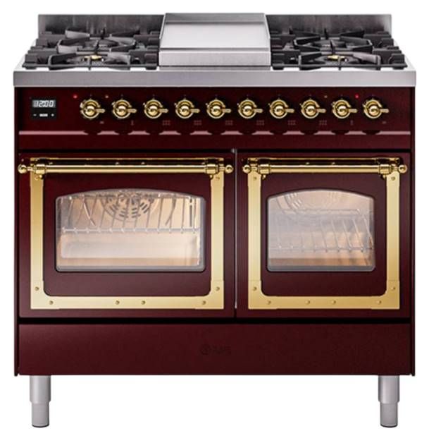 Ilve® Nostalgie II Noblesse 40'' Burgundy Pro Style Dual Fuel Range with Brass Trim-0