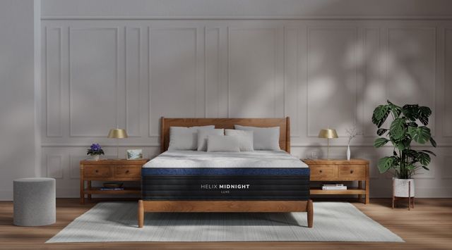 Front view of a mid-century modern bedroom with a Helix mattress in a box Front view of a mid-century modern bedroom with a Helix mattress in a box