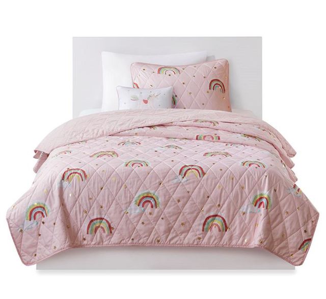 Olliix by Mi Zone Kids Alicia Pink Full/Queen Rainbow with Metallic Printed Stars Reversible Coverlet Set-0