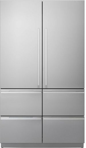 Front view of the Signature Kitchen Suite 48 in. 26.0 Cu. Ft. Stainless Steel Built In Counter Depth French Door Refrigerator