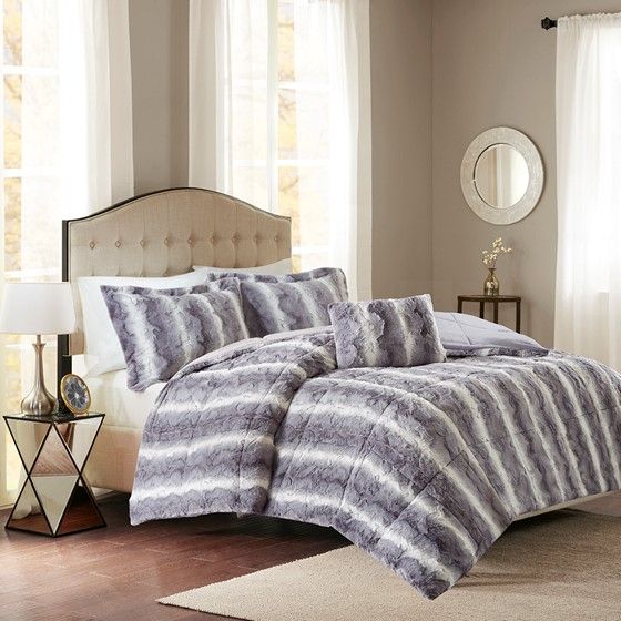 Olliix by Madison Park Zuri Grey Full/Queen Polyester Print Brushed Faux Fur Comforter Set-3