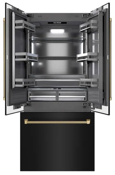ZLINE Autograph Edition 36"  19.6 Cu. Ft. Black Stainless Steel French Door Built-In Bottom Freezer Refrigerator with Water Dispenser and Ice Maker in Graphite Gray Interior and Champagne Bronze Helix Handles-2