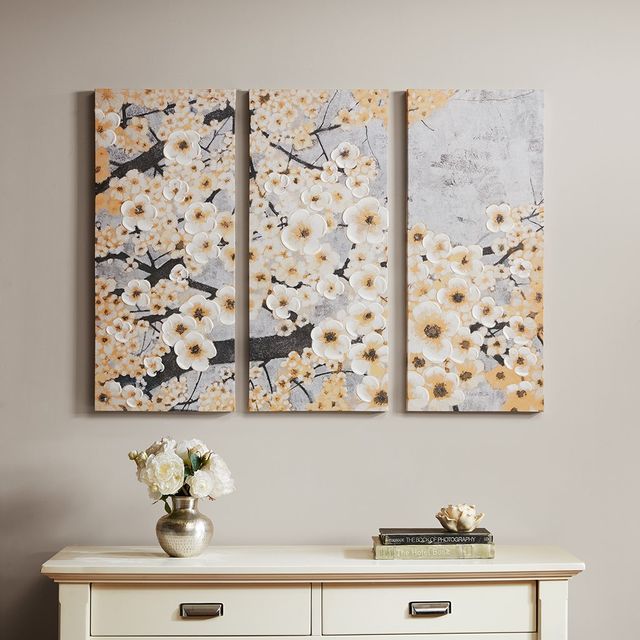 Olliix by Madison Park Gleeful Bloom Yellow 3 Piece Yellow Hand Embellished Printed Canvas Set-3