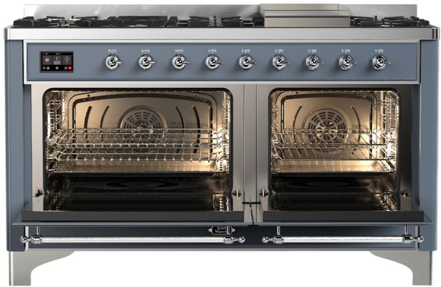 Ilve® Majestic III 60" Blue Gray Pro Style Dual Fuel Liquid Propane Range with Triple Glass Door and Chrome Trim-1