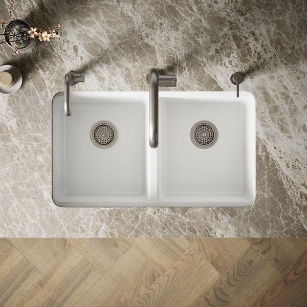 KOHLER® Riverby® White 33" Undermount Double-Equal Bowl Workstation Kitchen Sink with Accessories-1