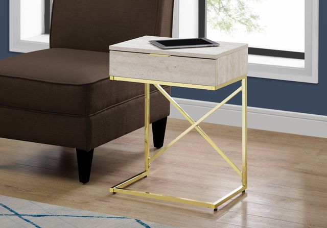 Monarch Specialties Inc. Beige Marble 24"H Drawer Accent Table with Gold Metal Base-1