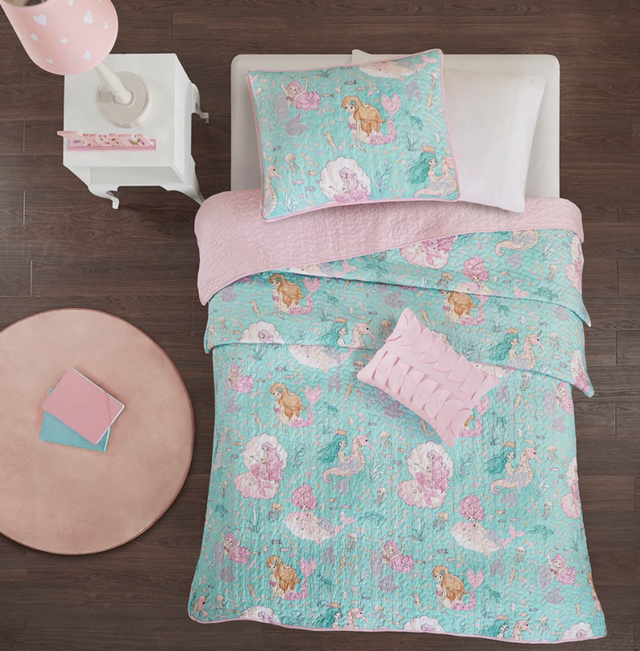 Olliix by Mi Zone Kids Darya Aqua/Pink Full/Queen Printed Mermaid Reversible Coverlet Set-2
