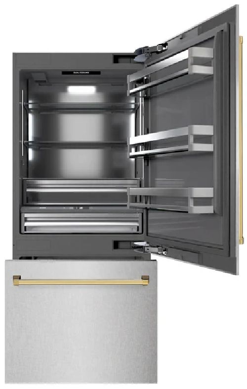 ZLINE Autograph Edition 36" 19.8 Cu. Ft Satin Stainless Steel Built-In Bottom Freezer Refrigerator with Graphite Gray Interior and Polished Gold Accents-1