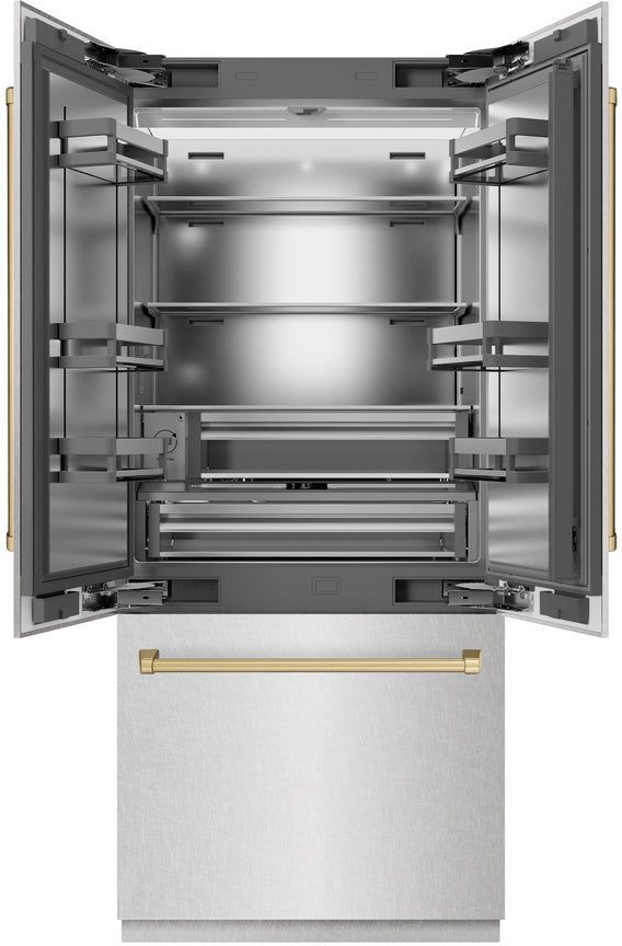 ZLINE Autograph Edition 36" 19.6 Cu. Ft. Satin Stainless Steel Built-In French Door Refrigerator with Champagne Bronze Accents-2