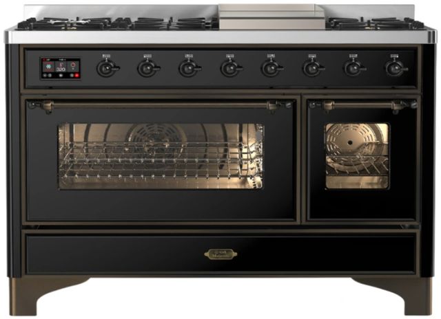 Ilve® Majestic III 48" Glossy Black Pro Style Dual Fuel Liquid Propane Range with Triple Glass Door and Burnished Trim-0