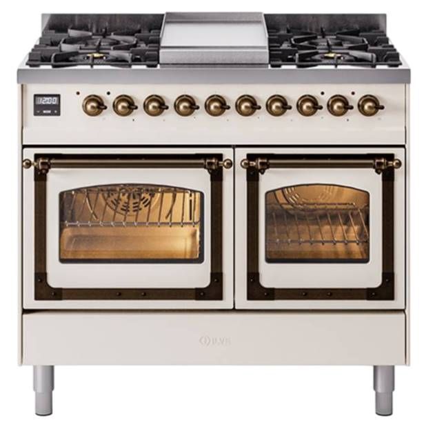 Ilve® Nostalgie II Noblesse 40'' Antique White Pro Style Dual Fuel Range with Burnished Trim-0