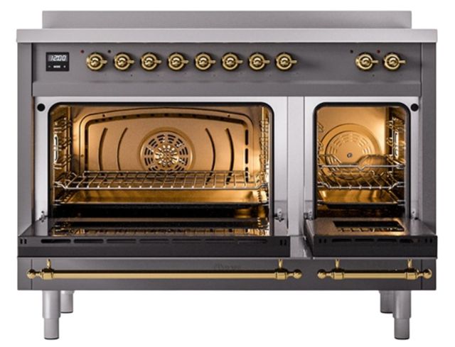 Ilve® Nostalgie II Noblesse 48'' Graphite Matte Pro Style Induction Range with Brass Trim-1