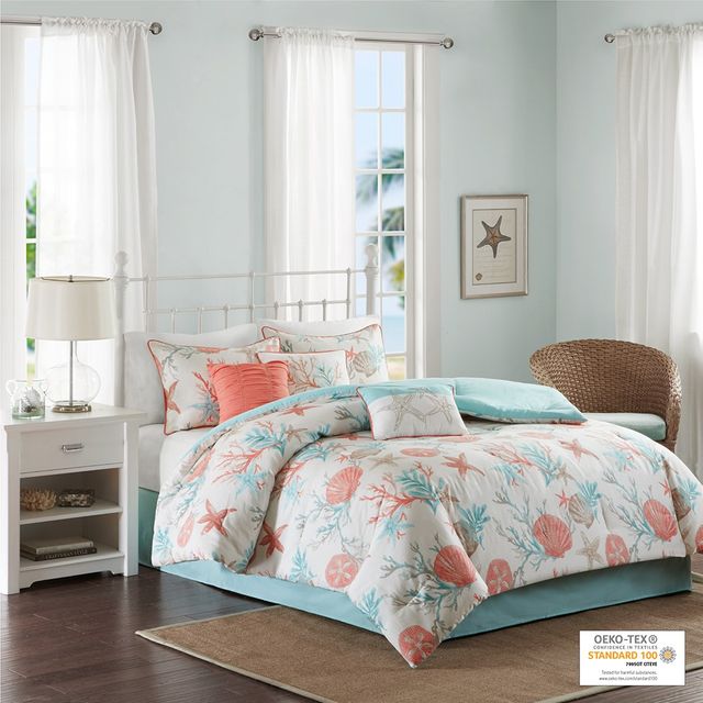 Olliix by Madison Park 7 Piece Coral Queen Pebble Beach Comforter Set-1