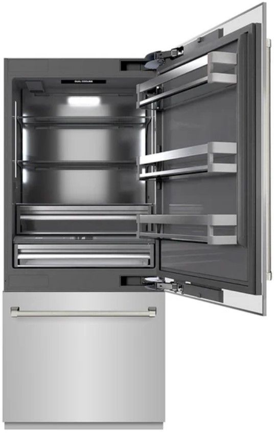 ZLINE Autograph Edition 36" 19.8 Cu. Ft. Stainless Steel Built In Bottom Freezer Refrigerator with Water Dispenser, Ice Maker, Graphite Gray Interior and Polished Nickel Helix Handles-2