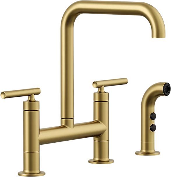 KOHLER® Purist® Vibrant Brushed Moderne Brass 2-Hole Bridge Kitchen Sink Faucet with Side Sprayer-0