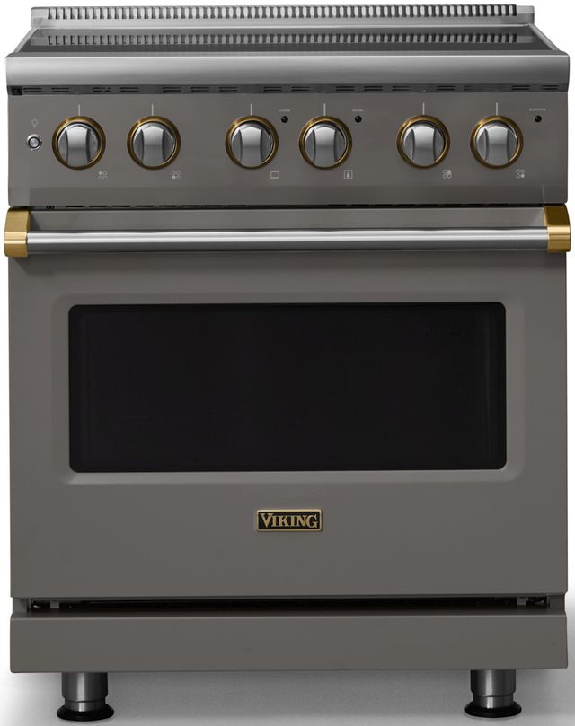 Viking® 5 Series 30" Damascus Gray Pro Style Electric Range with Brushed Brass Trim-0