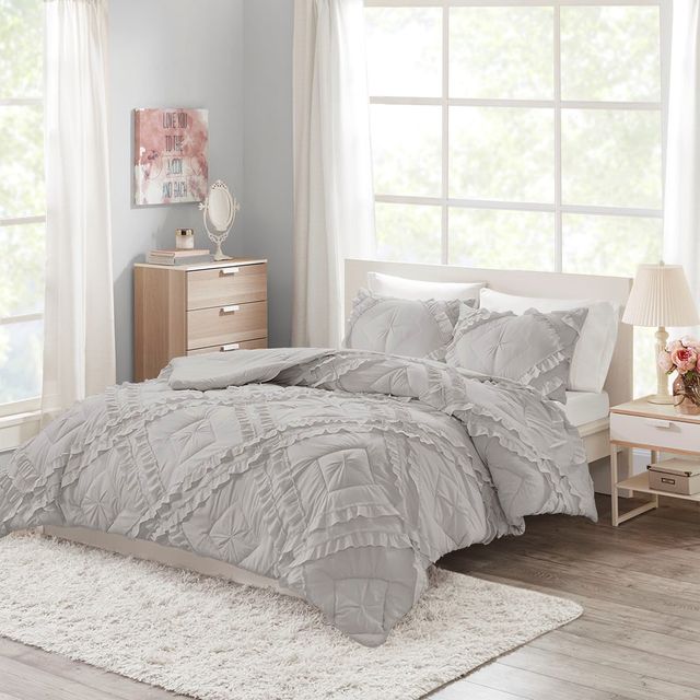 Olliix by Intelligent Design Kacie Grey Full/Queen Solid Coverlet Set with Tufted Diamond Ruffles-2