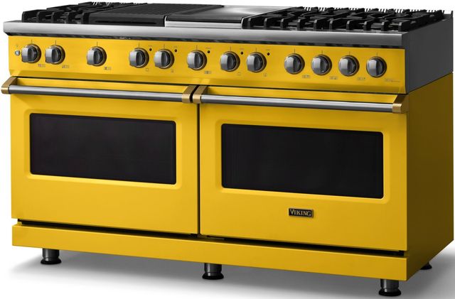 Viking® 5 Series 60" Daffodil Pro Style Dual Fuel (LP) Range with Brushed Brass Trim-2
