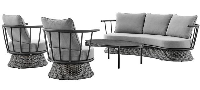 Front view of the Armen Living Giotto 4-Piece Black/Dark Grey Outdoor Conversation Set