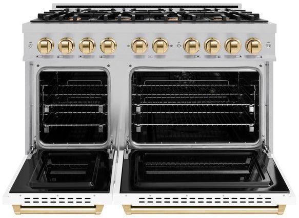ZLINE Classic Autograph Edition 48" Satin Stainless Steel Pro Style Gas Range with White Matte Door and Polished Gold Accents-1