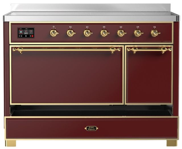 Ilve® Majestic III 48" Burgundy Pro Style Induction Range with Solid Door and Brass Trim-2