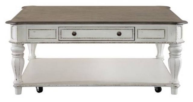 Liberty Furniture Magnolia Manor Antique White Oversized Square Cocktail Table with Weathered Bark Top-1