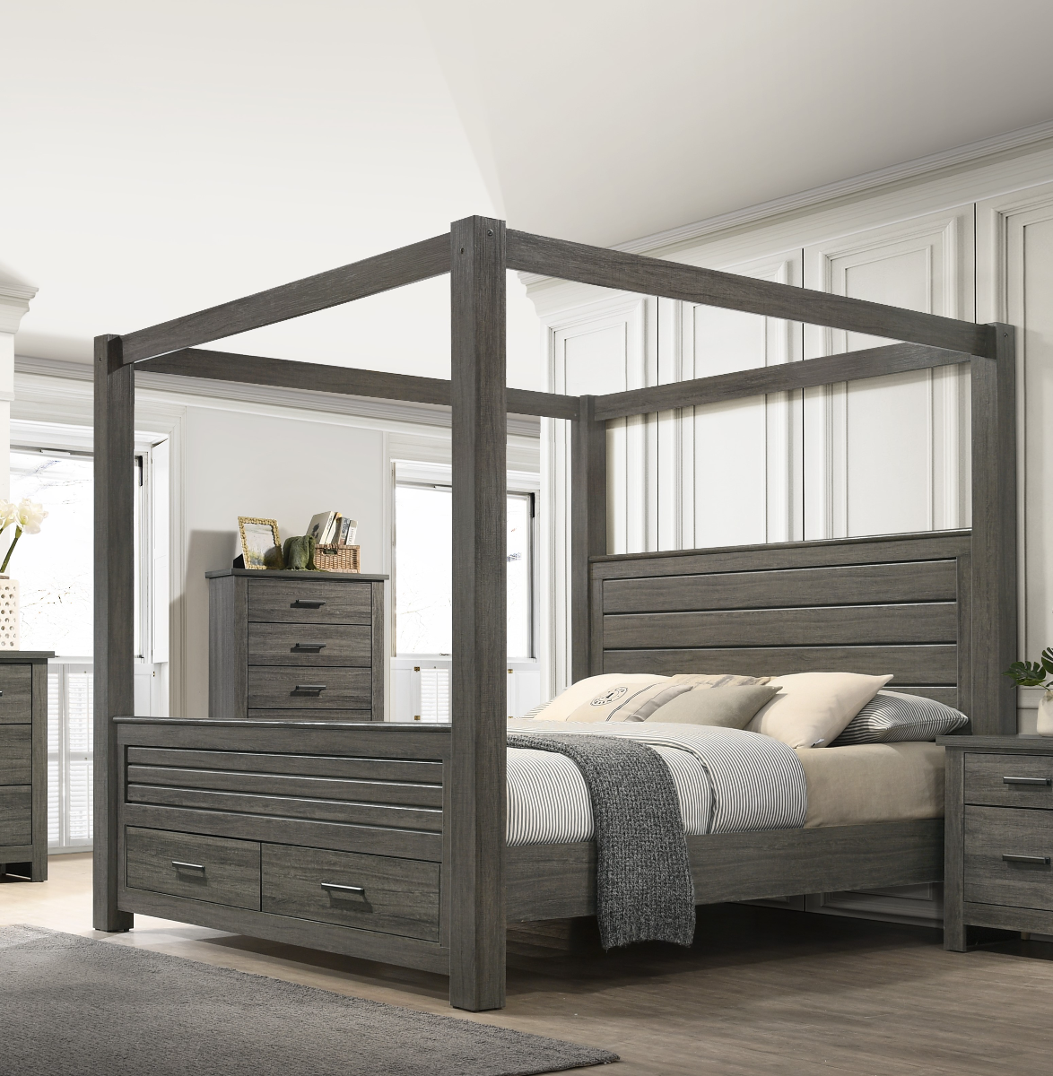 Lifestyle Grey King Canopy Bed with Storage Footboard